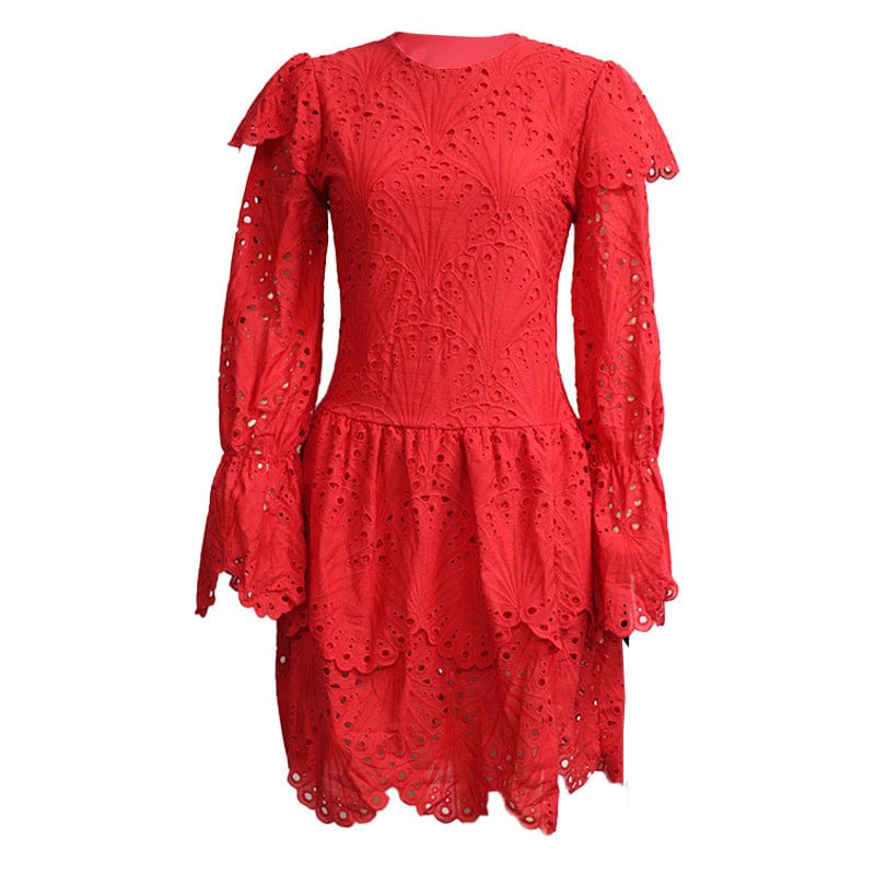 J&H 2023 new arrivals 100% cotton lace fabric dress ladies elegance hollow out o neck puff sleeve fashion party dress