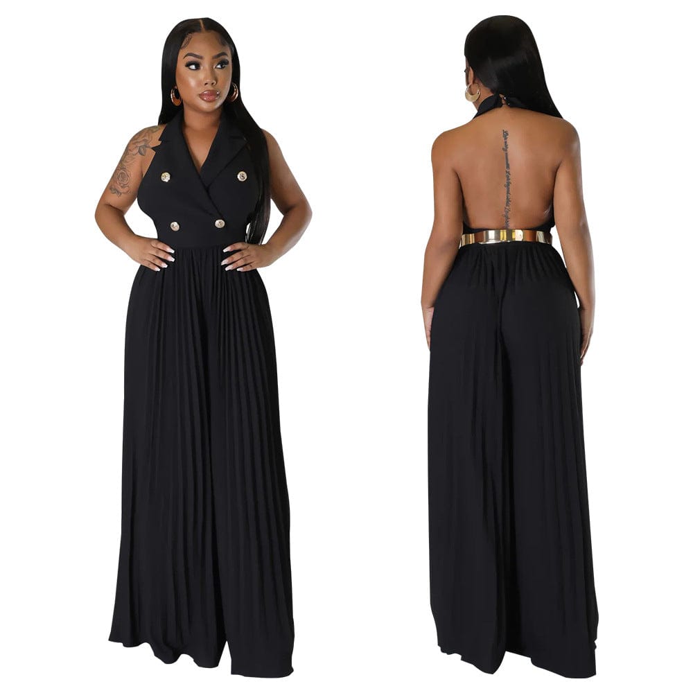 J&H 2023 new arrivals sexy backless pleat palazzo pants women elegance blazer top jumpsuits chic sleeveless party outfits