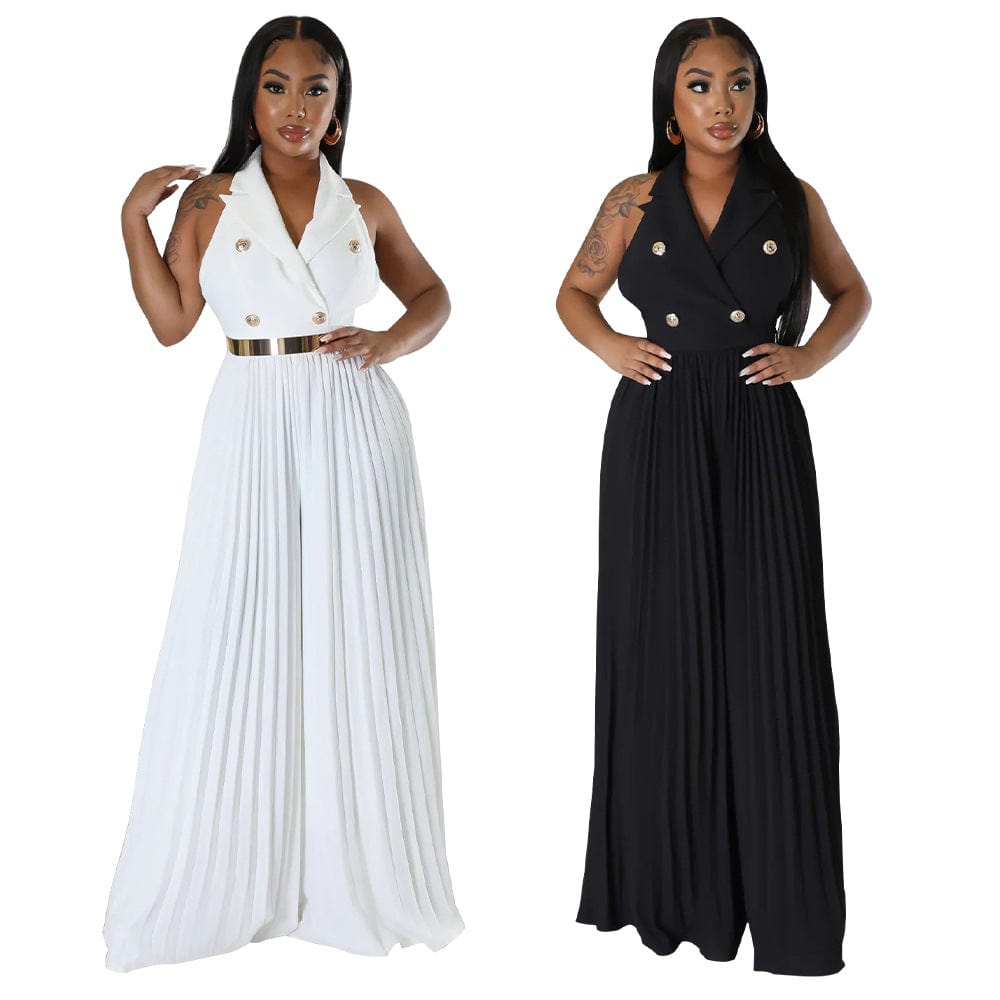 J&H 2023 new arrivals sexy backless pleat palazzo pants women elegance blazer top jumpsuits chic sleeveless party outfits