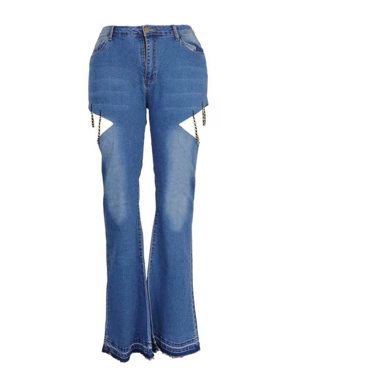 J&H 2023 new design plus size women's jeans chic chain fringe bell bottom denim pants fashion casual trousers