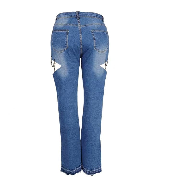 J&H 2023 new design plus size women's jeans chic chain fringe bell bottom denim pants fashion casual trousers