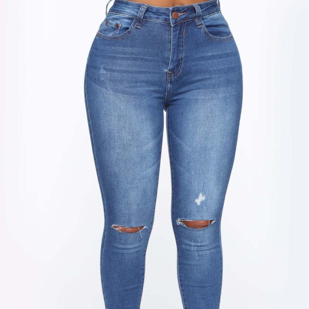 J&H 2023 new trendy wholesale stretchy women's jeans ripped hollow out slim fit high waist denim pants casual trousers