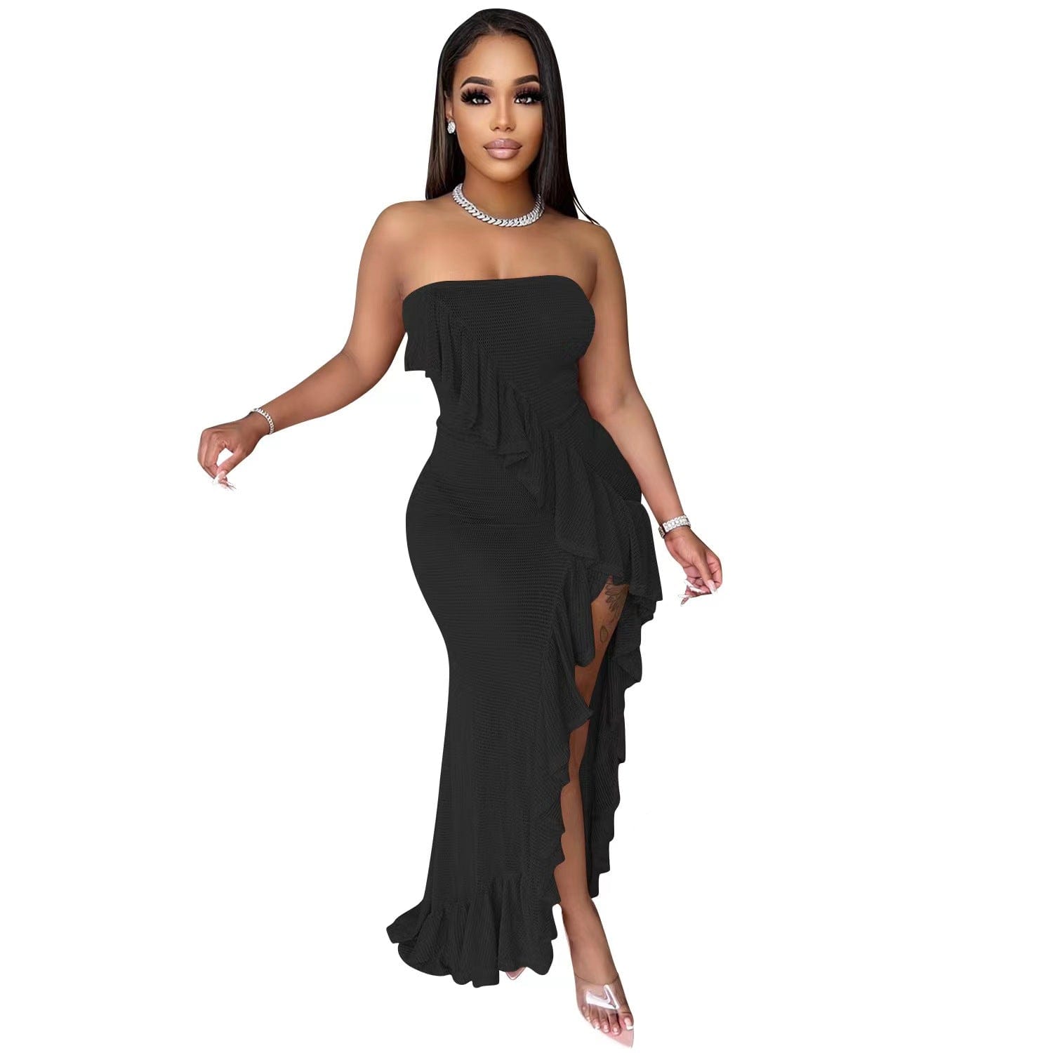 J&H new arrivals 2023 sexy strapless ruffled club party dress elegance women asymmetric fashion high slit party gowns