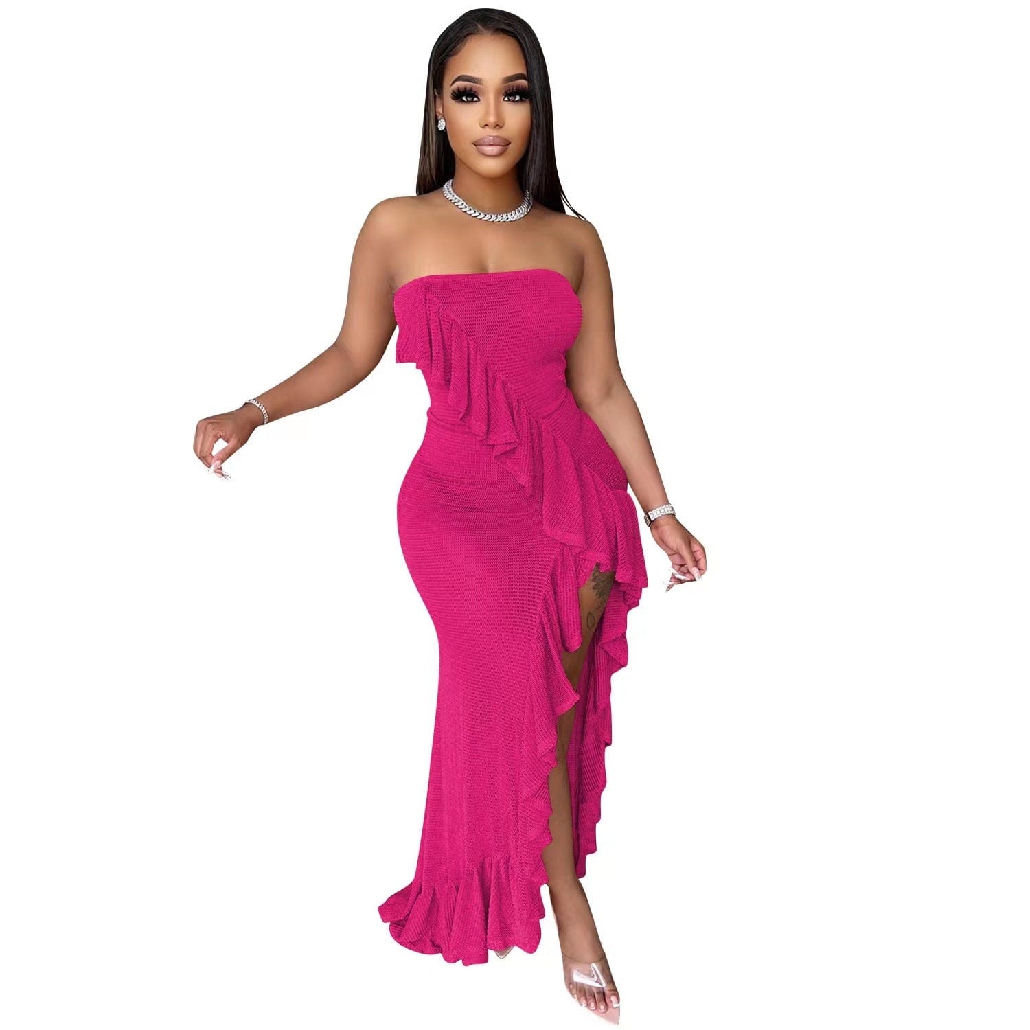 J&H new arrivals 2023 sexy strapless ruffled club party dress elegance women asymmetric fashion high slit party gowns