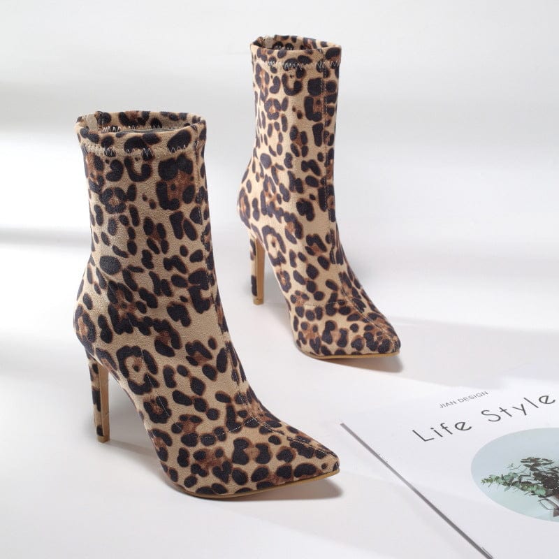 JANHE botas de mujer botte femme Ladies Pointed stiletto High Heel Elastic ankle boots Leopard shoes suede Booties For Women