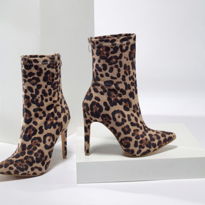 JANHE botas de mujer botte femme Ladies Pointed stiletto High Heel Elastic ankle boots Leopard shoes suede Booties For Women