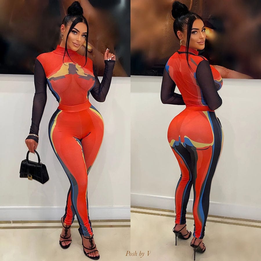 Kliou K22S23399 Sexy fashion party fashion suit Long sleeve mesh translucent jumpsuit + tight pants printed 2 Piece set women