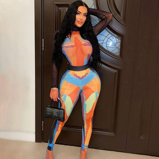 Kliou K22S23399 Sexy fashion party fashion suit Long sleeve mesh translucent jumpsuit + tight pants printed 2 Piece set women