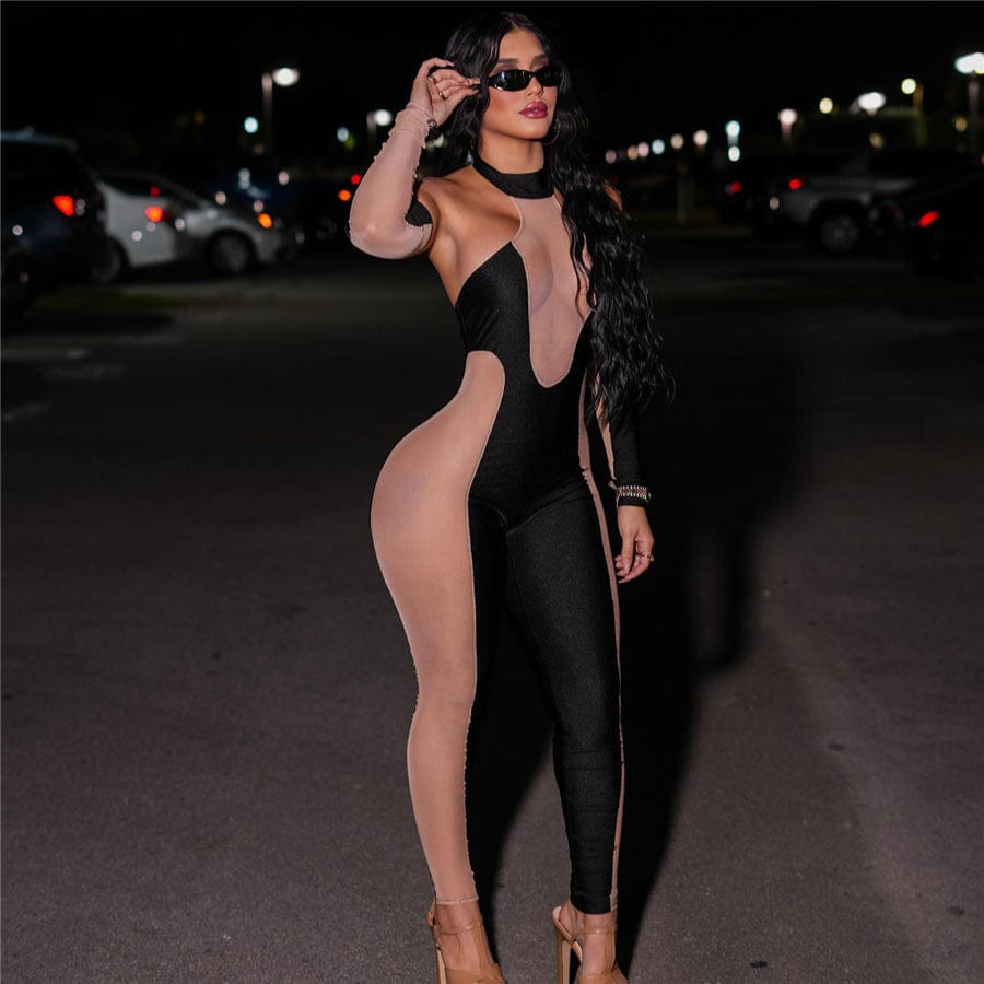 Kliou K22S23975 see through tight fit ladies jumpsuits removable sleeve bodycon sexy mesh jumpsuit