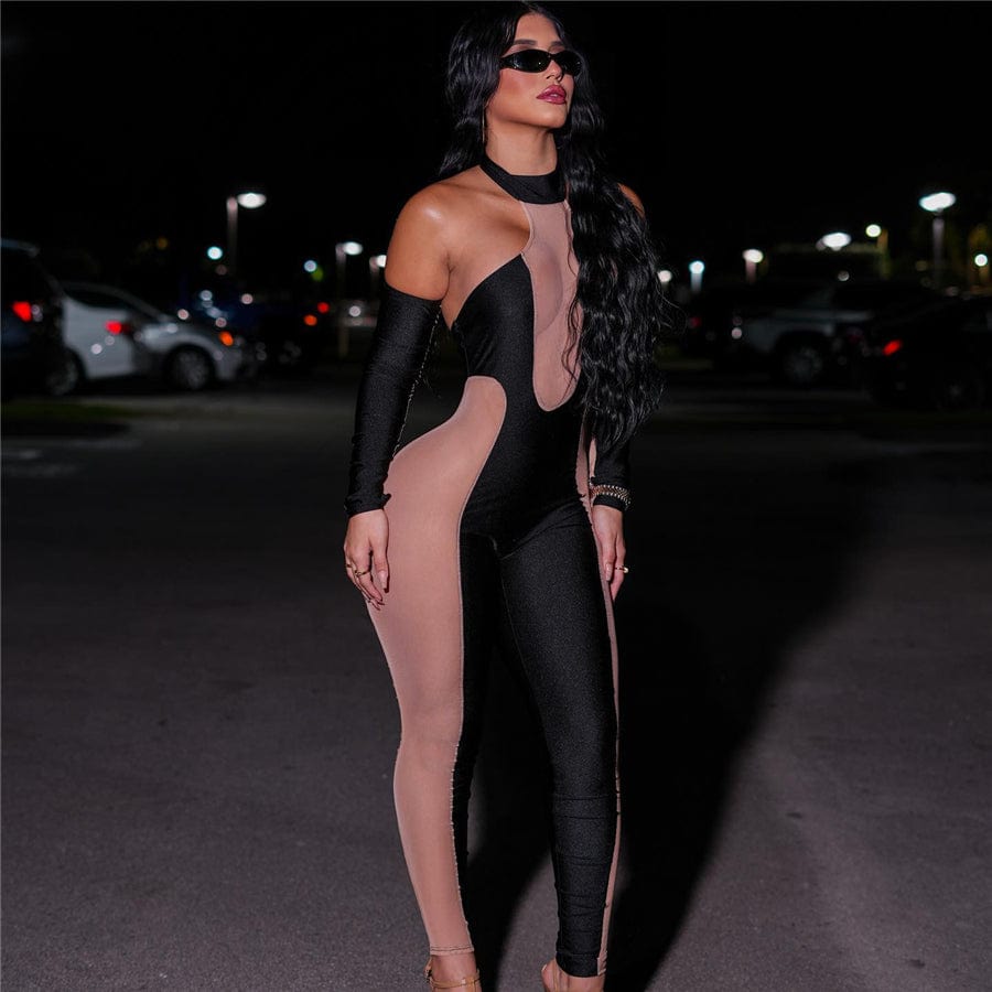 Kliou K22S23975 see through tight fit ladies jumpsuits removable sleeve bodycon sexy mesh jumpsuit