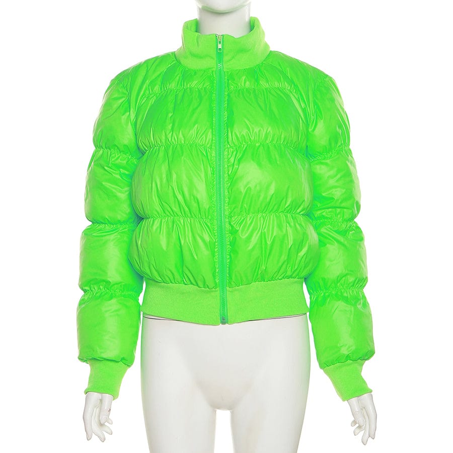 Kliou K22Y21539 Winter women's fashion warm puffer coat neon green stand collar bomber jacket zipper women's jackets