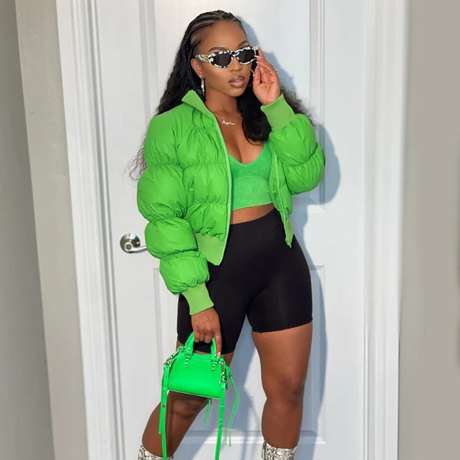 Kliou K22Y21539 Winter women's fashion warm puffer coat neon green stand collar bomber jacket zipper women's jackets