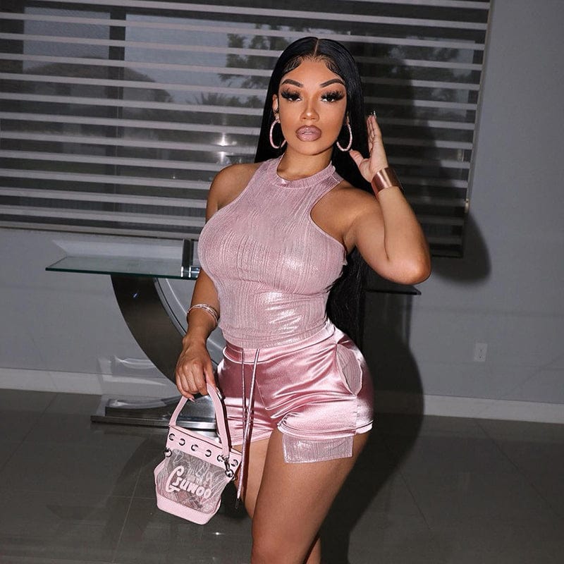 Kliou M22S21859 Casual Women Clothing Sexy Club 2 Piece Skirts Sets Soild Casual Furry Wear Pink Vest Two Piece Shorts