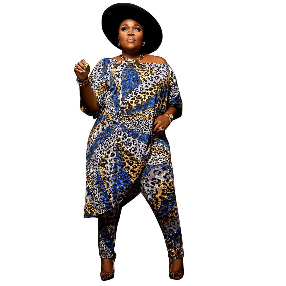 L / 1 RX Hot sale plus size 2piece set two piece sets plus size leopard 2pc pants set women