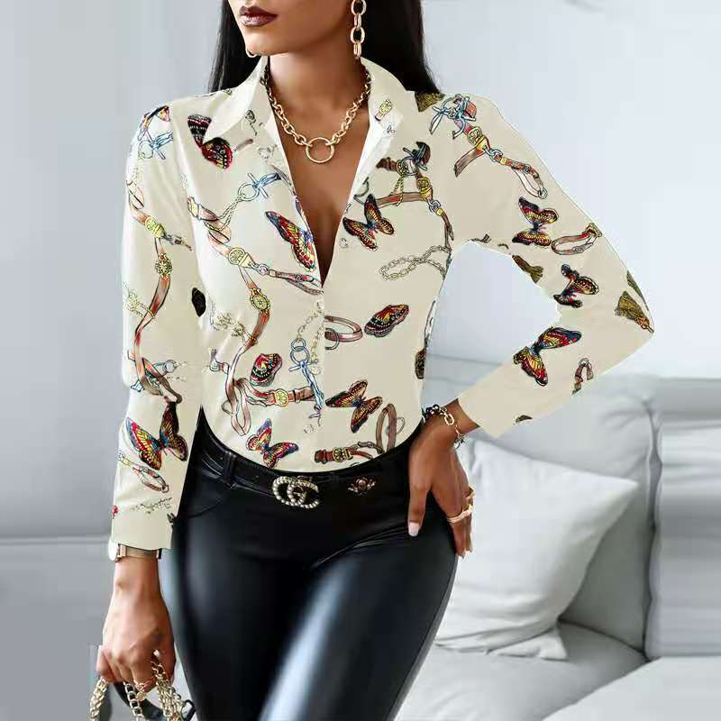 L / Apricot Z79661 Spring stylish Casual Print long Sleeve shirts women  Buckle Turndown Collar Tops