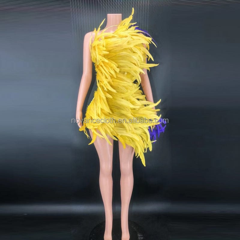 L / As picture Novance Y2538 Womens Fall Clothing Shinny Diamond Tassel Chain Bodycon Mini Dress Yellow Feather Dress Ropa Casual Mujer 2022