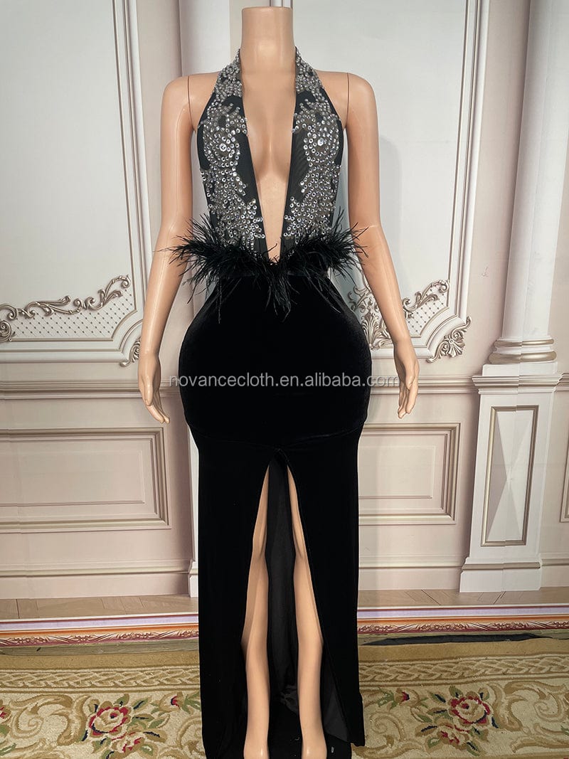 L / as picture Novance Y2655 Products Best Selling Sparkly Black Diamond Deep V Mesh Birthday Dress Long Dress Going Out Women Robe Pour Femme