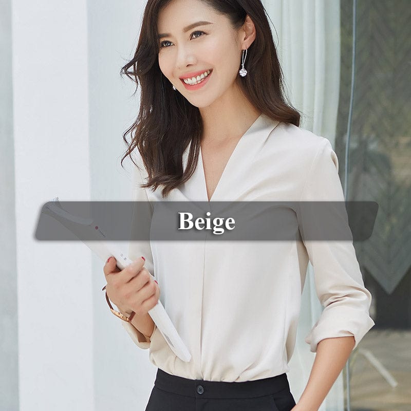 L / Beige OEM Satin New Fabric High-quality V-Neck Shirt for Women Blouse Elegant Tops Female Full-Sleeve Office Lady Work Wear