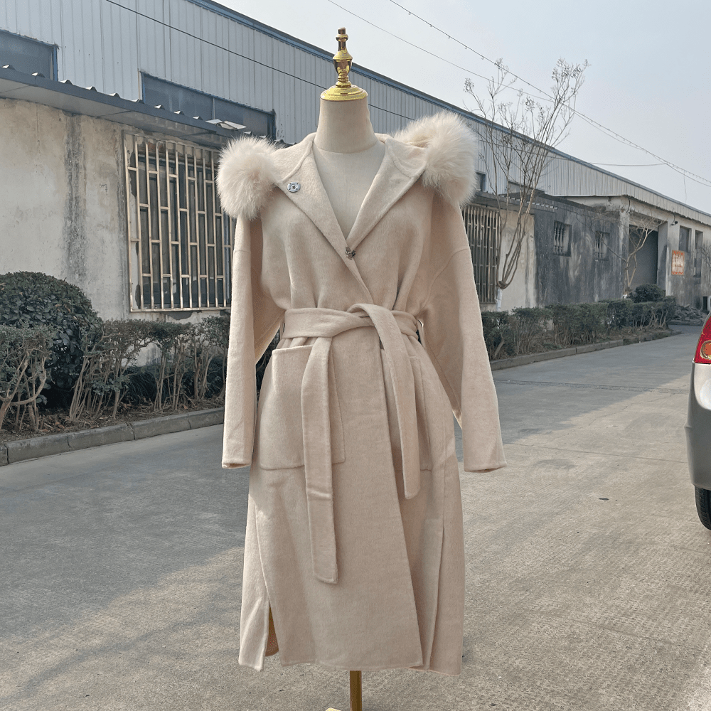 L / Beige QIUCHEN- QC19055  hot-selling women warm trench jacket cashmere belt long plus size fox fur collar wool coat