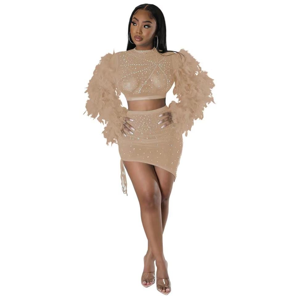 L / Beige trendy rhinestone feather sleeve crop top and skirt 2 piece set sexy mesh mini skirts club outfits women summer clothing