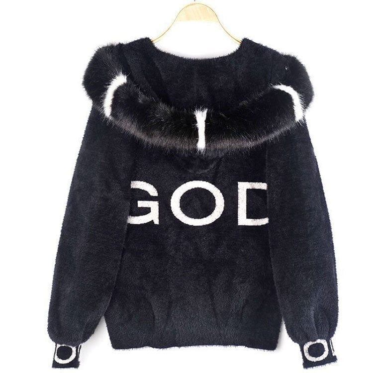 L / Black 2022 Autumn Winter Women Faux Mink Fur Coat Loose Short Style Hooded 2022 New Fashion Girls Cute Sweater Coat