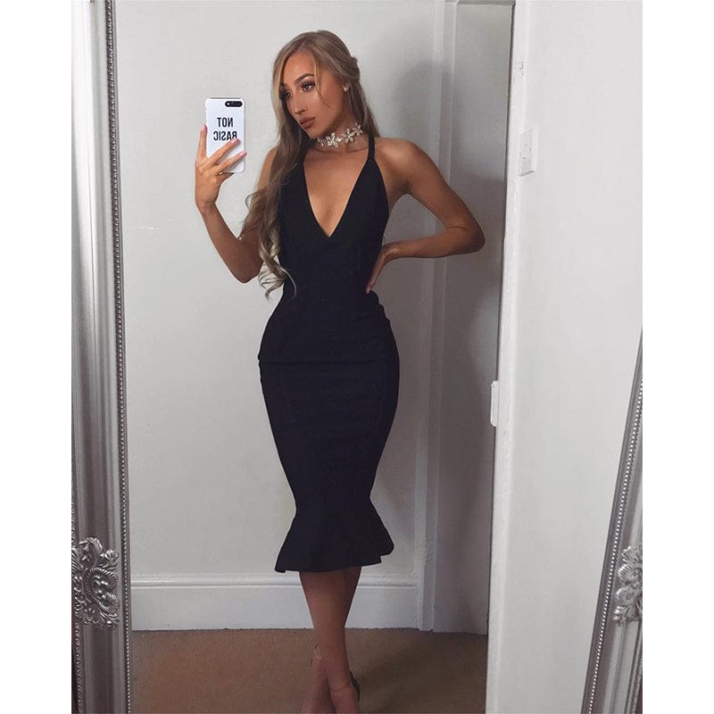 L / Black BA4365  Fashion Sexy Suspender Deep V-neck  Fishtail Bodycon Dress