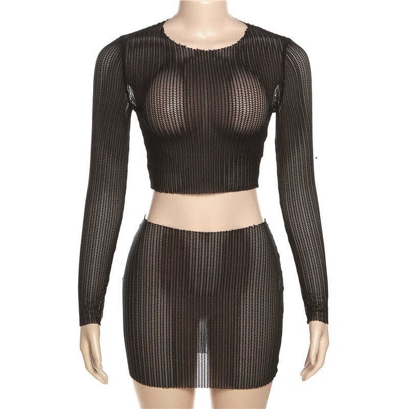 L / black New arrivals 2023 hot sexy party club mesh hollow out see through two piece skirt set