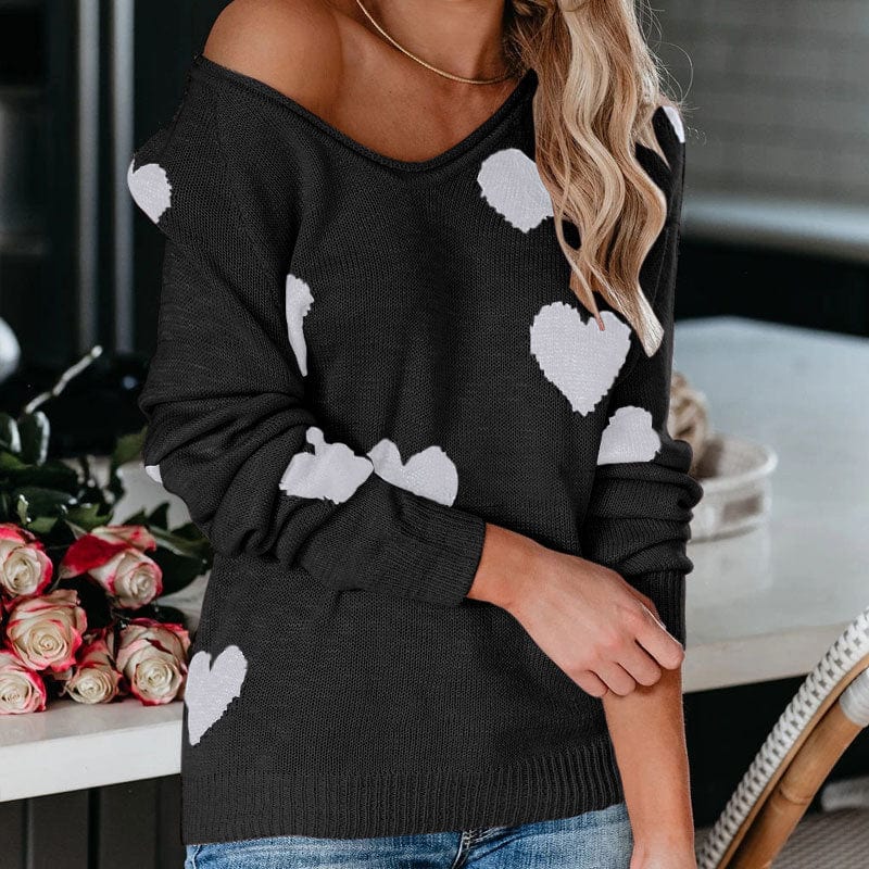 L / black New Valentine's Day Sweater Women's Loose Pullover Plus Size Heart-Shaped Multi-Part V-Neck