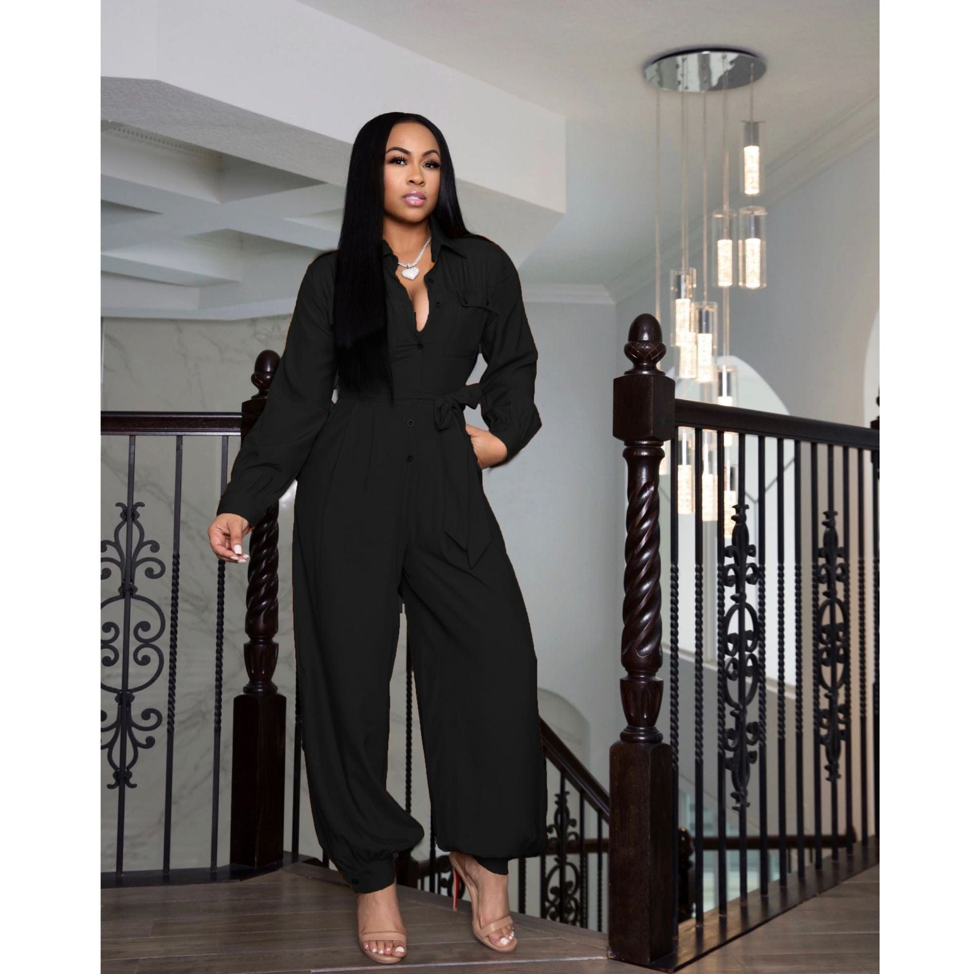 L / Black OCS  Fall 2022 Women Clothes Loose Tie High Waisted Jumpsuit Long Sleeve Olive Green Jumpsuit For Women With Buttons