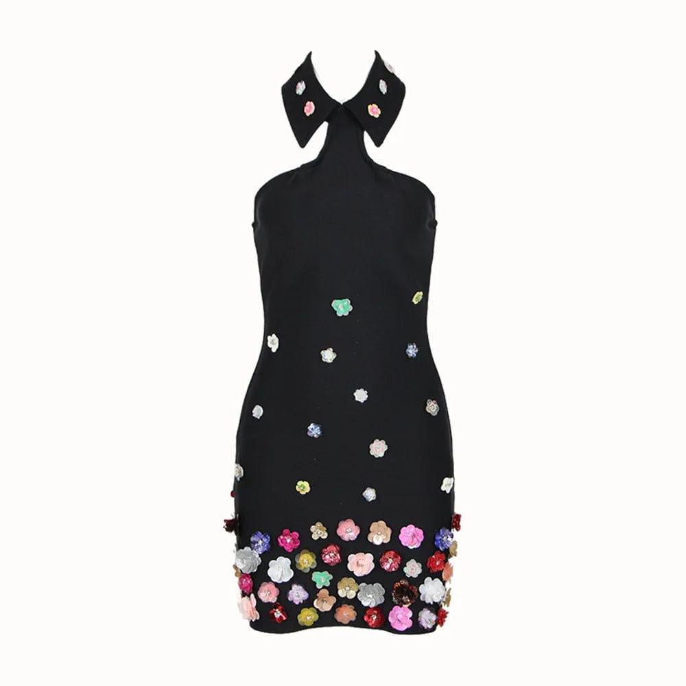 L / Black OUDINA 2024 Spring New Fashion Sexy Handmade Flower Halter Dresses Short Evening Women Bodycon Dress Bandage