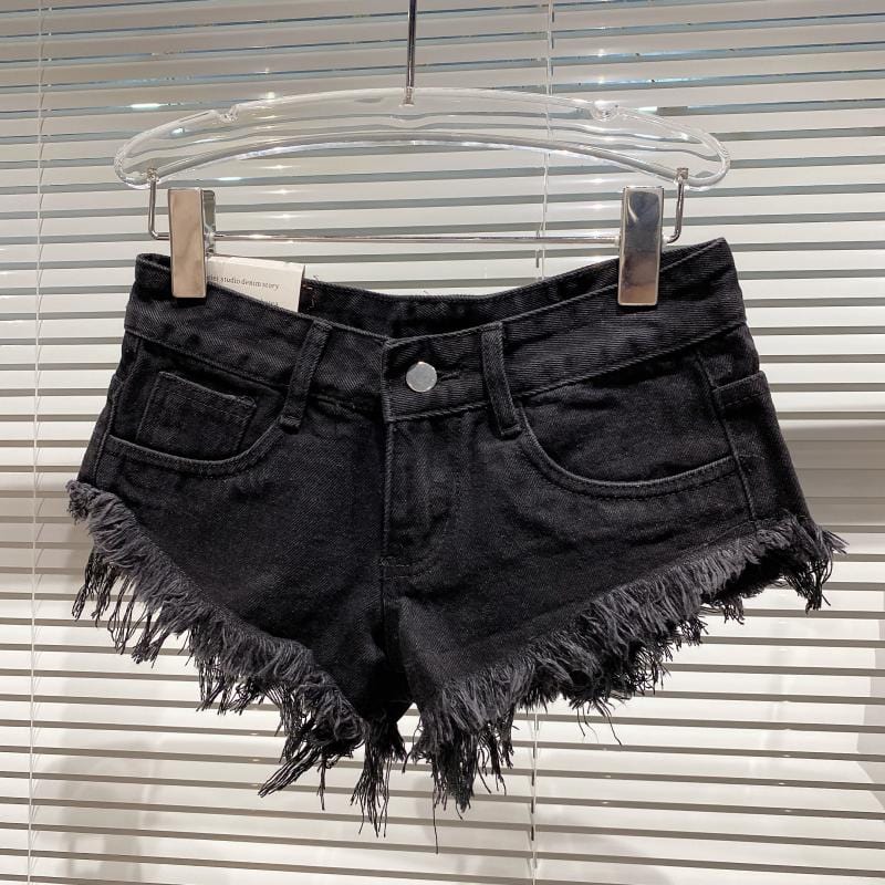 L / Black OUDINA Trendy Street Sexy Hot Pants Frayed Old Fringe Washed Denim Shorts For Women