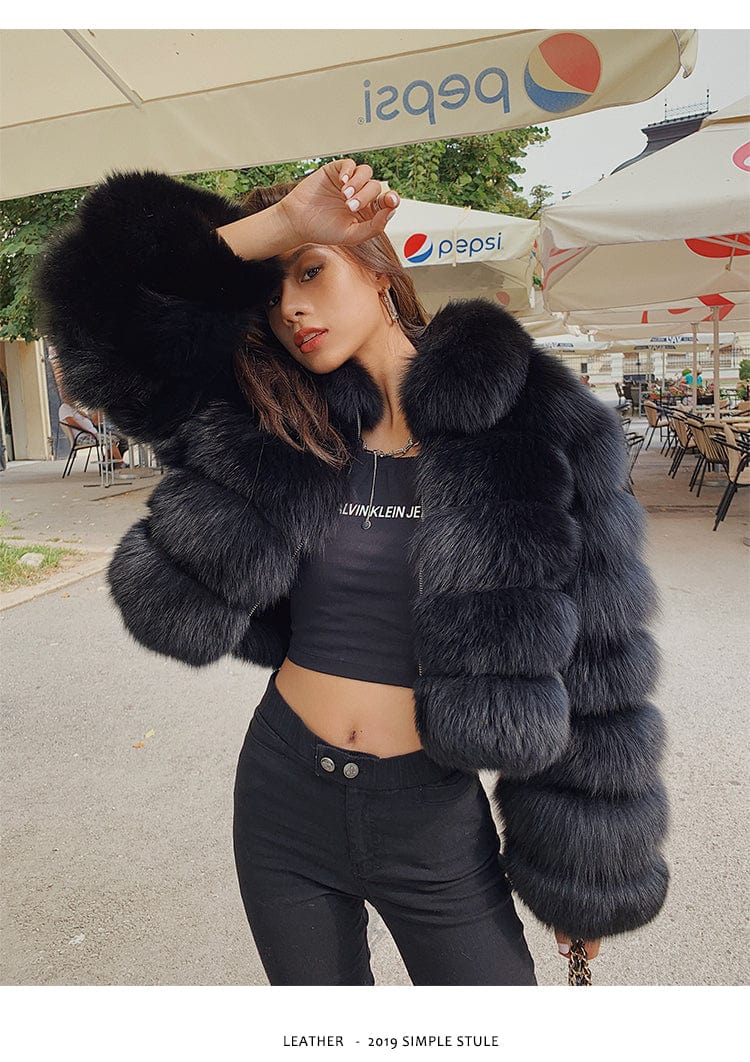 L / Black QIUCHEN QC20045  Fashion Russian Winter Warm Fluffy Jacket Women Winter Cropped Real Pink Fox Fur Coats