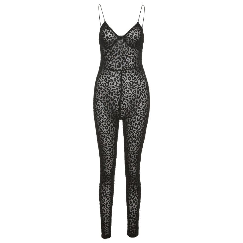 L / Black Summer 2022 Low Cut V Neck Strap Leopard Jumpsuit For Women Secy Cheetah One Piece Jumpsuit-Leopard Women