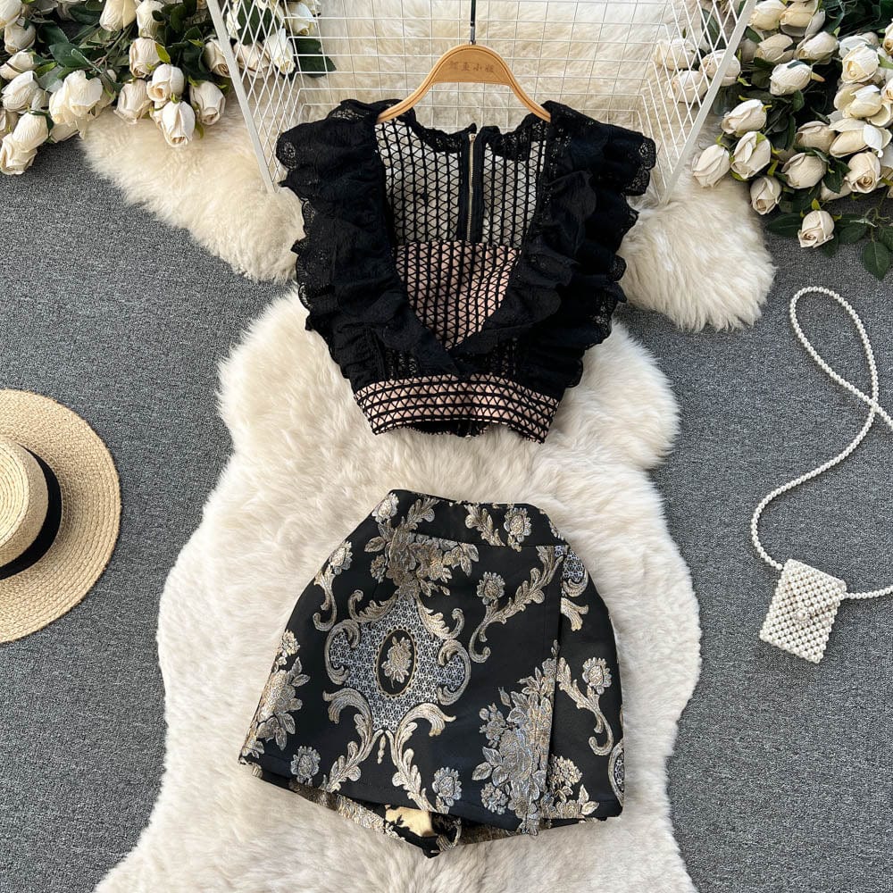 L / black Summer Design Sensual Spice Girl Suit Female Hollowed Out Short Lace Top + Printed Bag Buttock Short Skirt Two-Piece Set