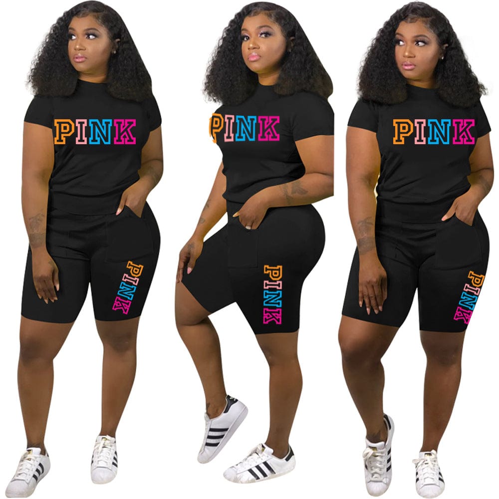 L / Black Z104475 Summer women's two piece 2022 Casual Letter Print t-shirts shorts two piece set