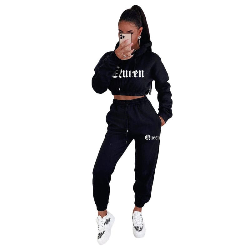 L / Black Z70796 Fall Fashion Letter Print Hooded Crop top women Casual two piece sweatpants set