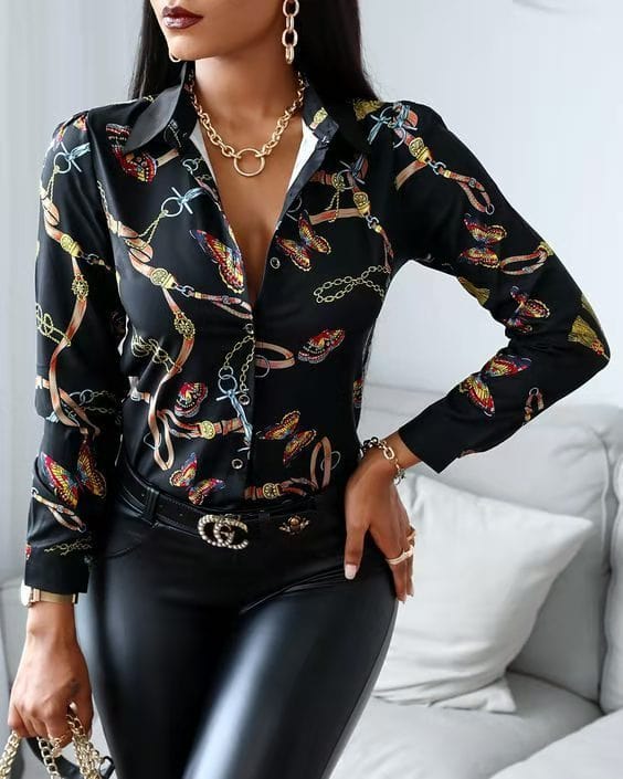 L / Black Z79661 Spring stylish Casual Print long Sleeve shirts women  Buckle Turndown Collar Tops