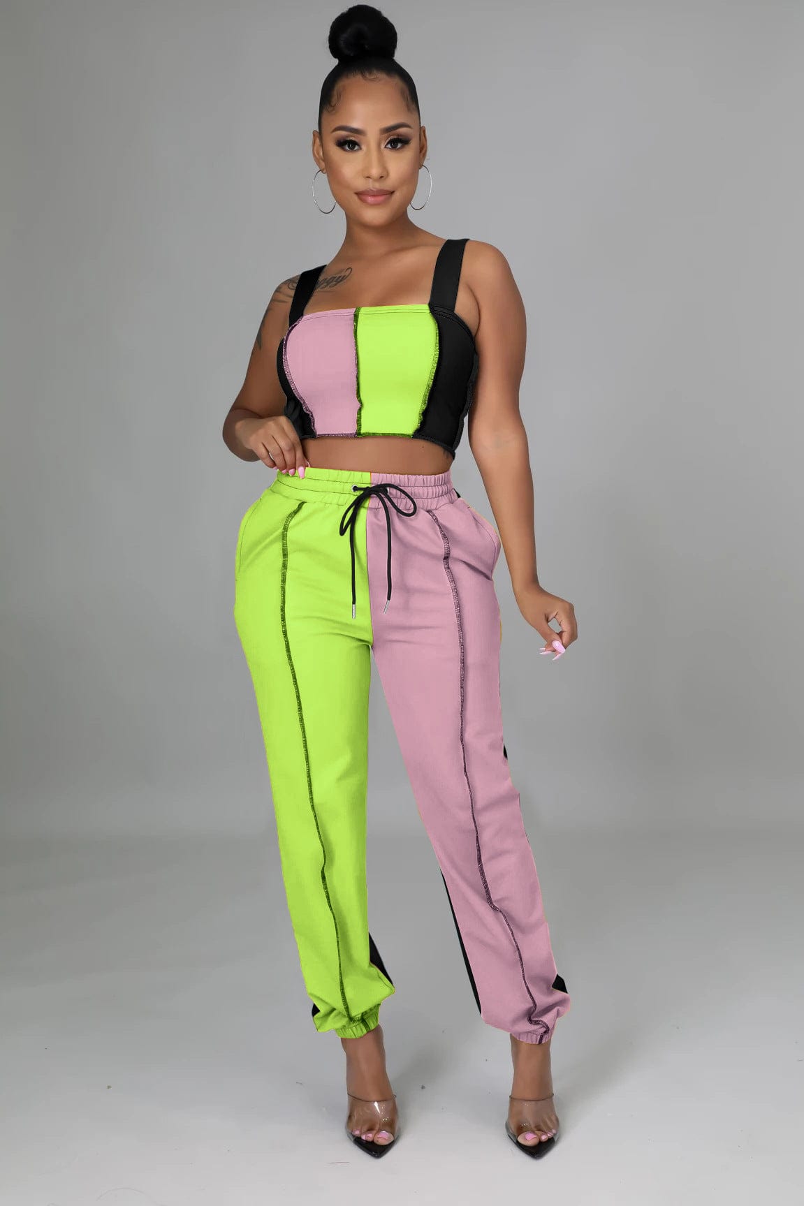 L / BlBlack pink fluorescent green 2022 Summer Hot Sales Sleeveless Two Sets Two Piece Pants Summer Women 2 Piece Set Clothing