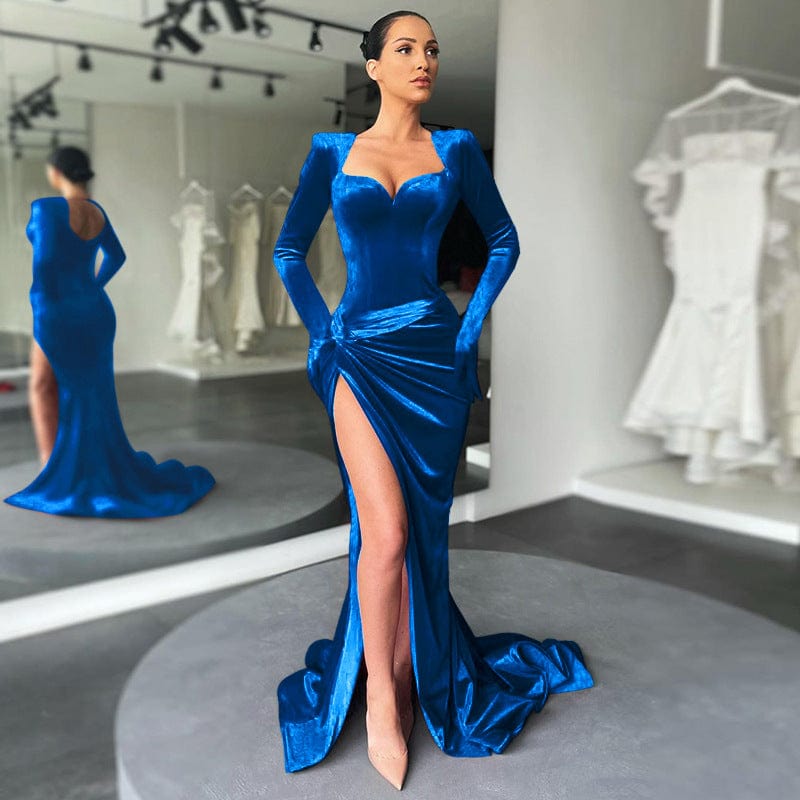 L / Blue Fall Winter Women'S Velvet Long Prom Dresses  Evening Gowns Sexy Elegant Women Split Velvet Red Dress Party Evening Dresses