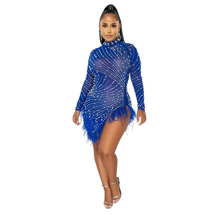 L / Blue New Long Sleeve Diamonds Sexy Bodycon Mesh See Through Party Dresses for Women Feather Pearls Black Irregular Club Dress