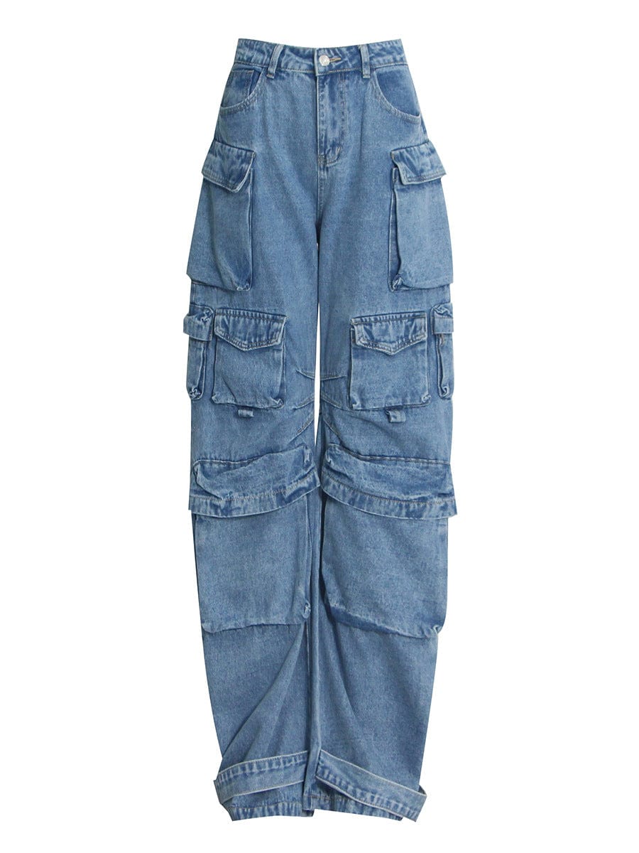 L / Blue OUDINA Customize Design Wholesale Boyfriend Wide Leg Pants Femmes Pantalon Women's Jean Pants Cargo Denim Jeans