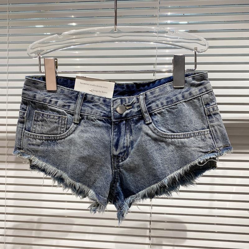 L / Blue OUDINA Trendy Street Sexy Hot Pants Frayed Old Fringe Washed Denim Shorts For Women