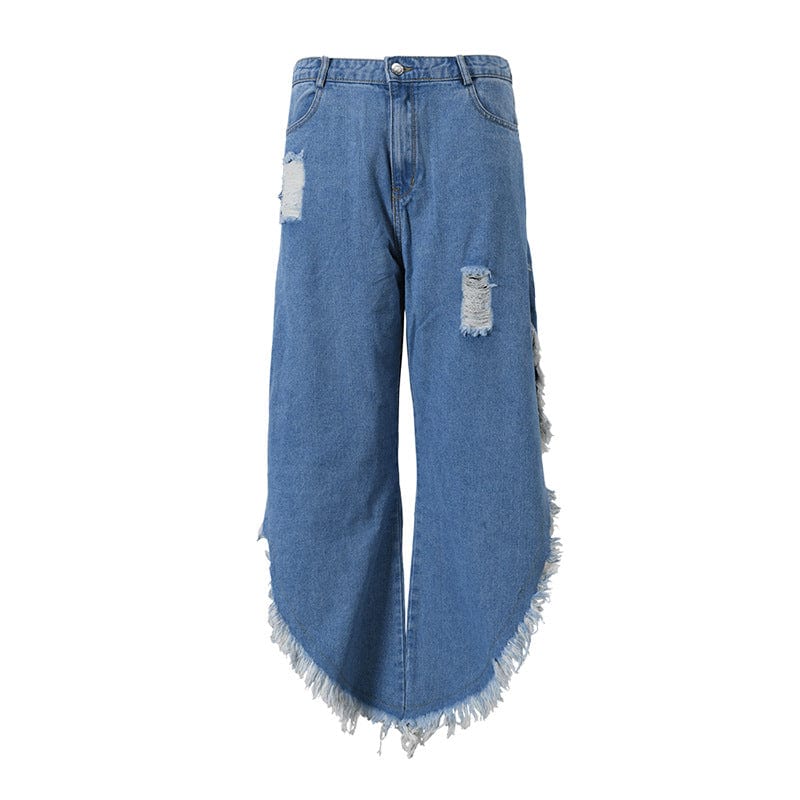 L / Blue OUDINA Wholesale Private Label Women's Clothing Denim Tassel Ripped Wide Leg Jeans Pants For Women