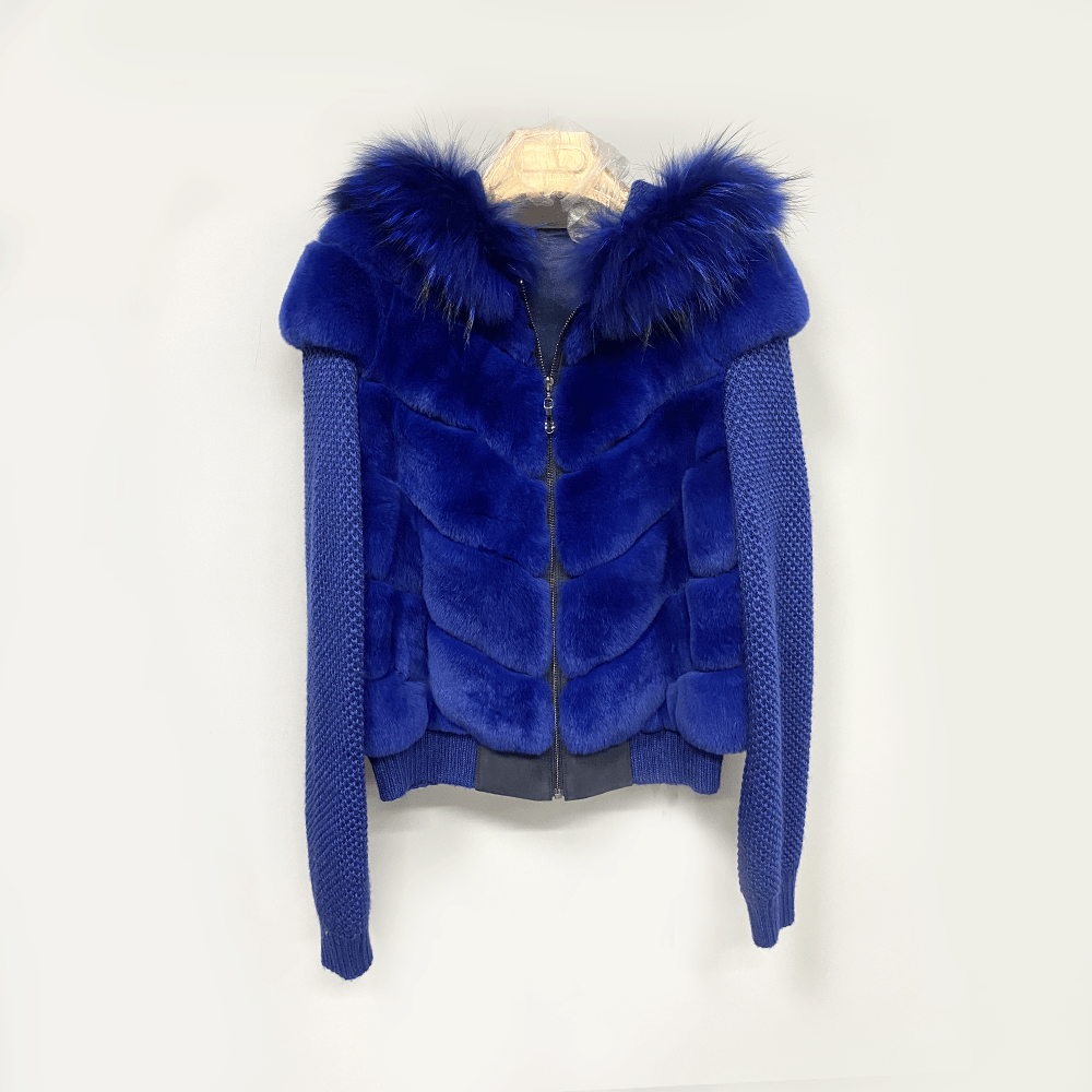 L / Blue QIUCHEN QC22029Ladies Knit Zip Hoodie Coat with Real Fox Fur Collar Winter Hooded Jacket Women