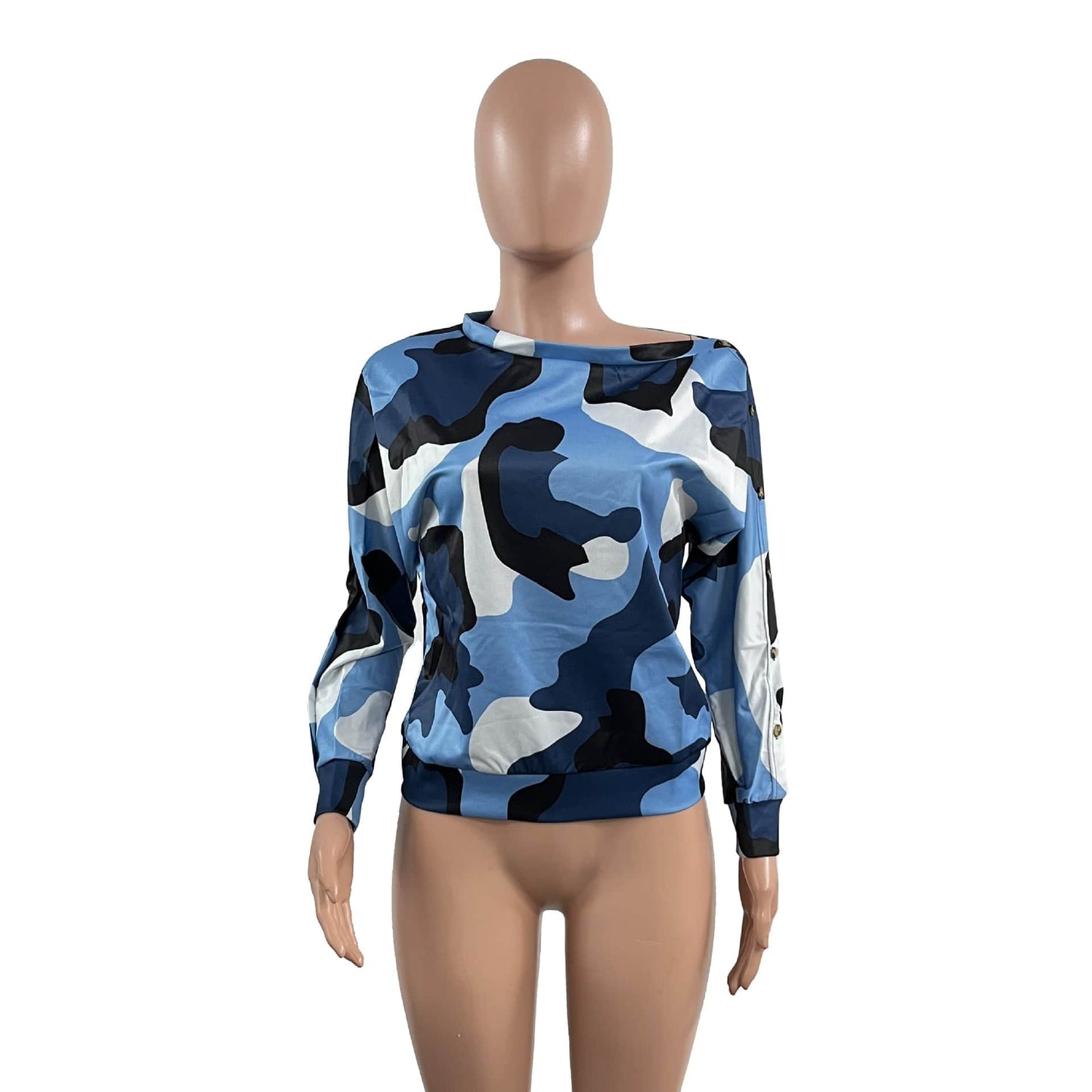 L / Blue Z73408 Fashion Camouflage Print Long Sleeve top Casual women spring loose Skew Collar Off Shoulder T Shirts