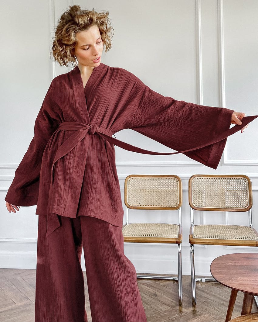 L / Brick red OOTN Ladies Sleepwear Suit Women's Home Service Mujer Kimono Pajamas 2023 New 100% Cotton Crepe Long-Sleeved Trousers