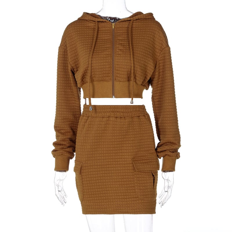 L / Brown Kliou K22M22084 Fall Long Sleeve Crop Hoodie Tops Jacket Sweater Skirt Set Women Casual Outfits 2 Piece Skirt Sets