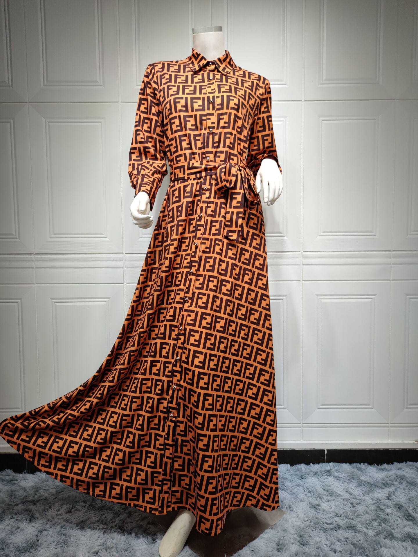 L / Brown New Arrival Belted Print Abaya Long Dress with Button Dubai Islamic Clothing Women Muslim Maxi Dress