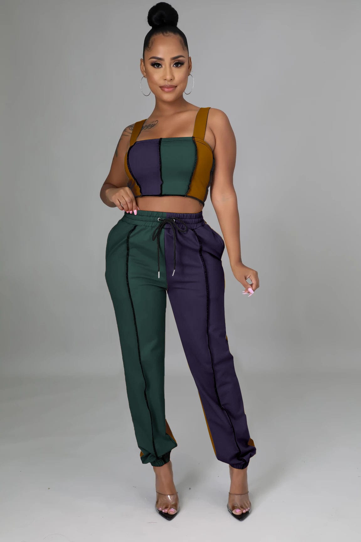 L / Brown purple green 2022 Summer Hot Sales Sleeveless Two Sets Two Piece Pants Summer Women 2 Piece Set Clothing