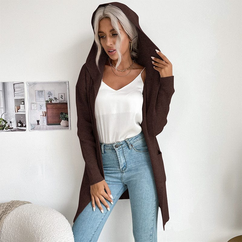 L / Brown Women Cardigan Sweaters Coat Classical Long Sleeve Cashmere Open Front Cardigan Knit Sweater